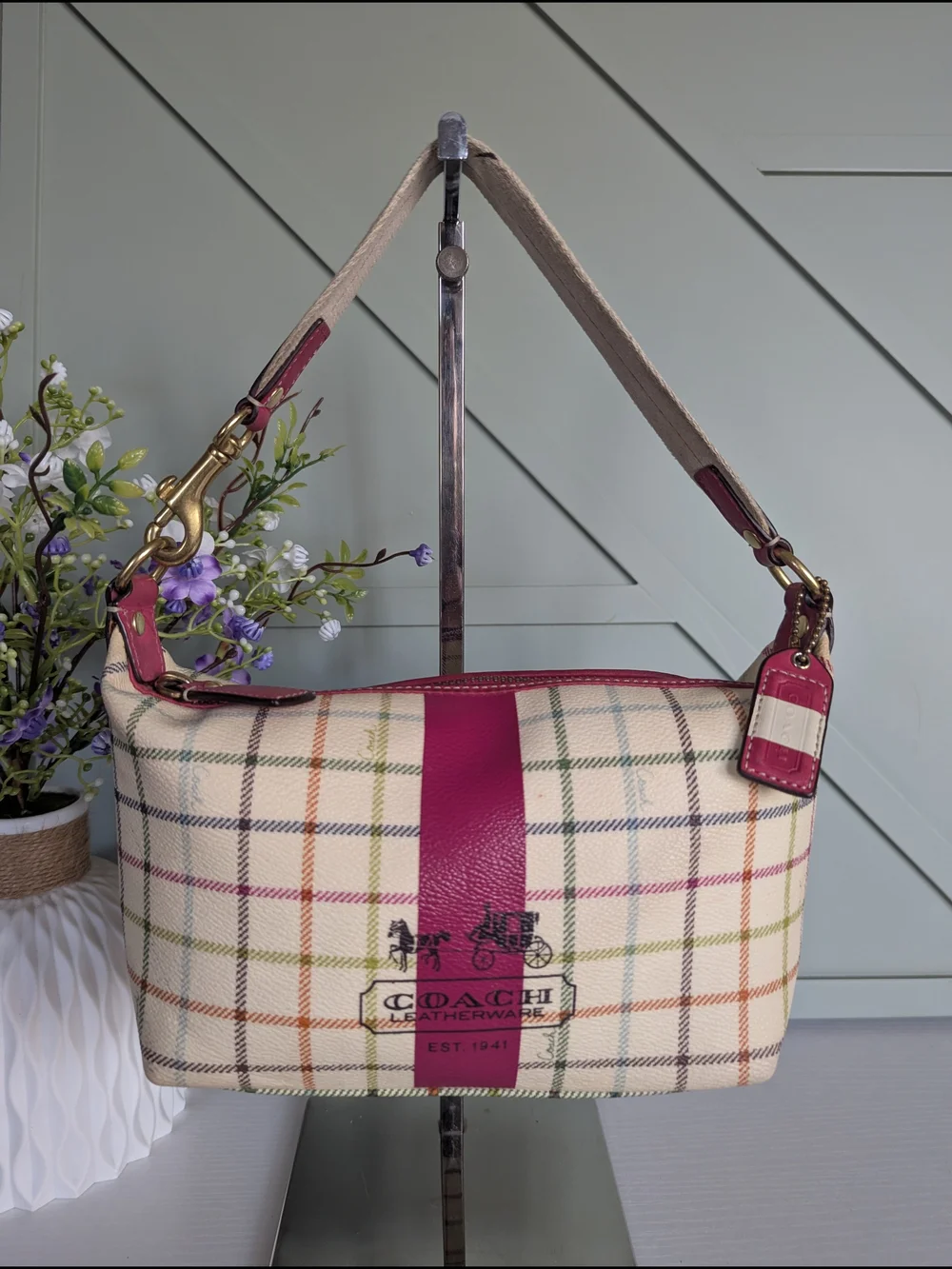 Coach Cream Plaid Canvas Shoulder Bag with Pink Accent